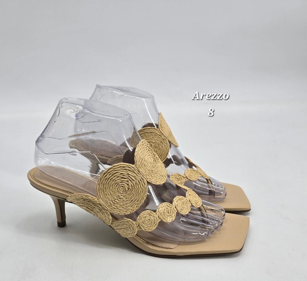Arezzo Raffia Circle‎ Thong Kitten Heel Sandals Nude Beige Woven Slide Mule 8B